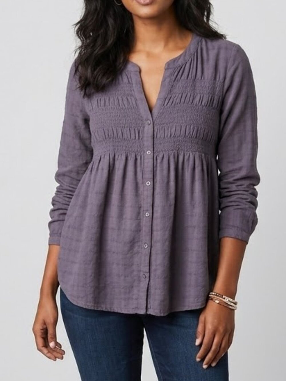 Boho Smocked Tunic Blouse Gray Medium - Picture 15 of 16